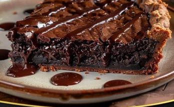 Gooey Brownie Pie – a gooey chocolate brownie with a crackly top baked into a pie and topped with hot fudge. A delicious and easy dessert for any chocolate lover.