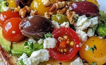 Avocado Toast with Feta Cheese, Cherry Tomatoes, Cranberries, and Walnuts.